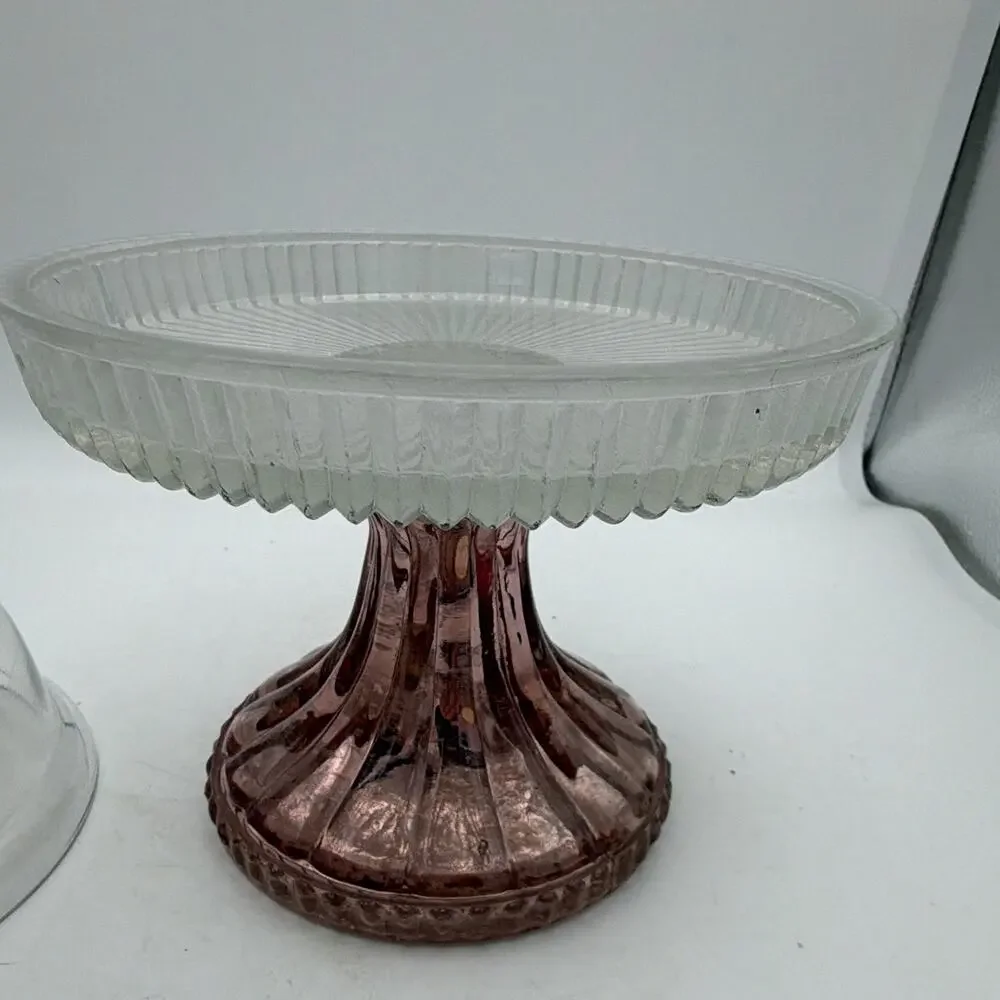 Clear & Pink Glass Pedestal Cake Stand w/ Round Dome Lid Cloche 2pc